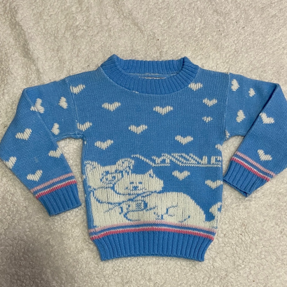 Vintage Blue Sweater with white Hearts & Cat Design with pink trim size 4T / 5T